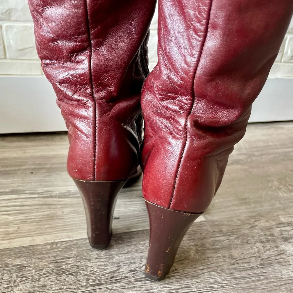 Vintage 1970s Cherry Cola Red Knee High Leather Heeled Boots - Picture 8 of 13